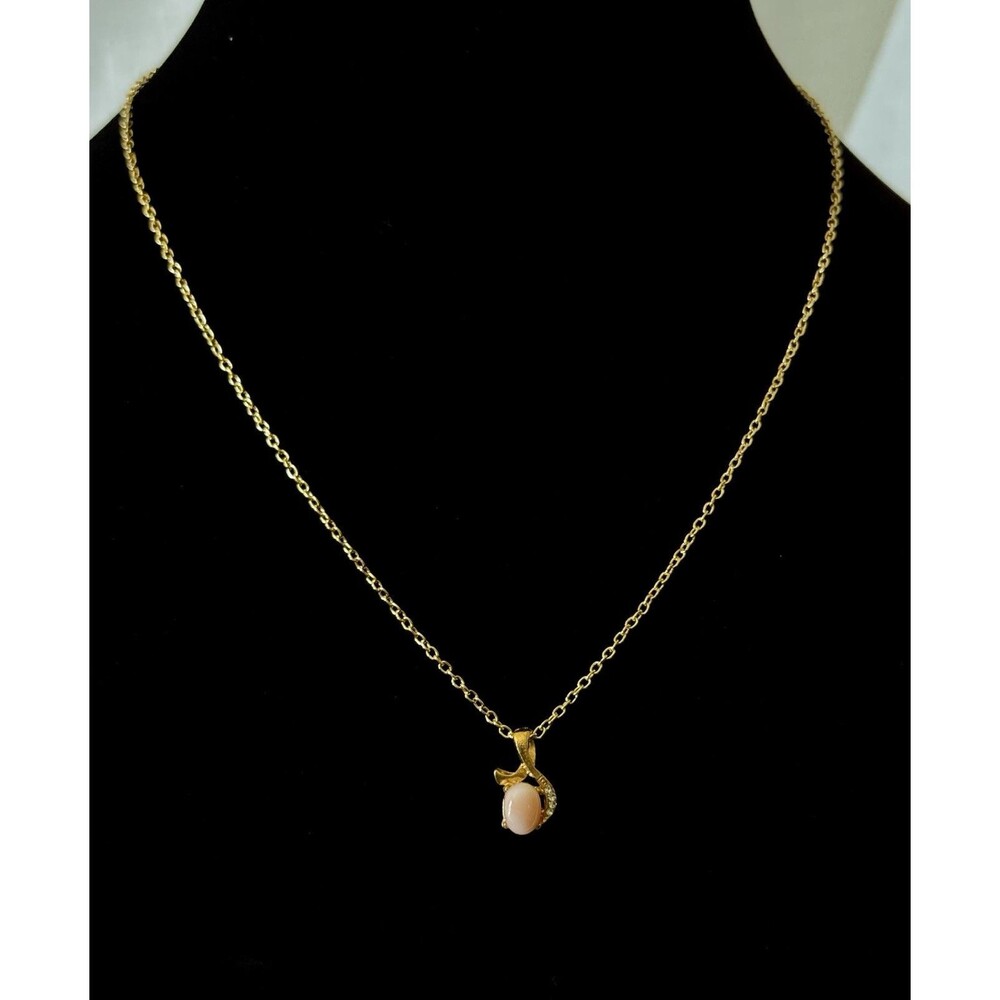 1970s Necklace Gold-Tone Metal Pink Coral Bead Clear Crystals 16" In Box